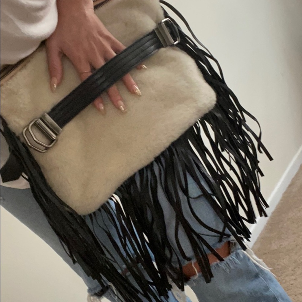 Fuzzy White Purse with Black Tassels